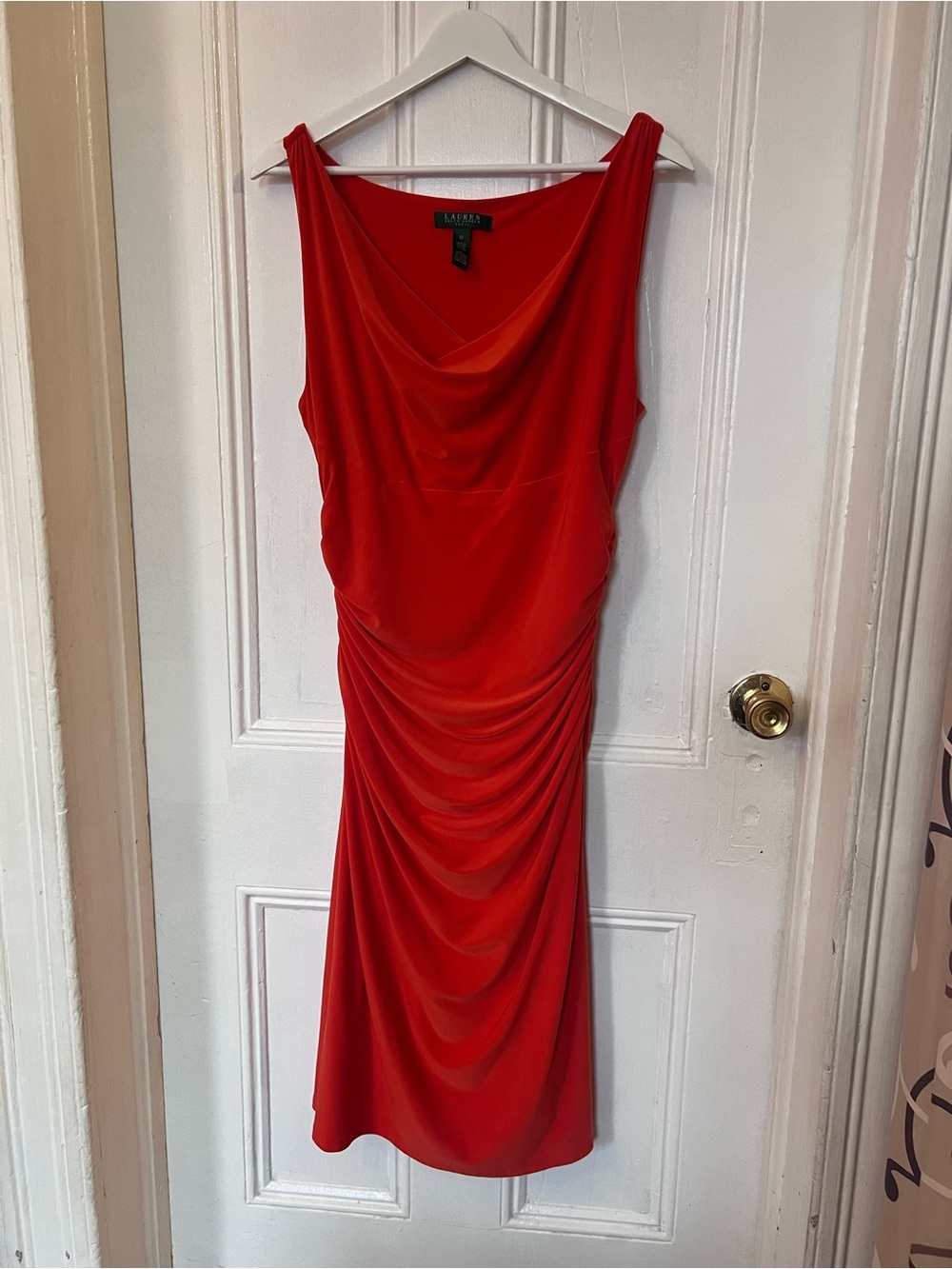 Lauren Ralph Lauren 12 Red Draped Ruched Cowl Neck Stretch Midi Cocktail Dress